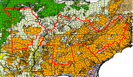 Map of Tall Forage Belt in Southeastern United States with red border outlining the area.